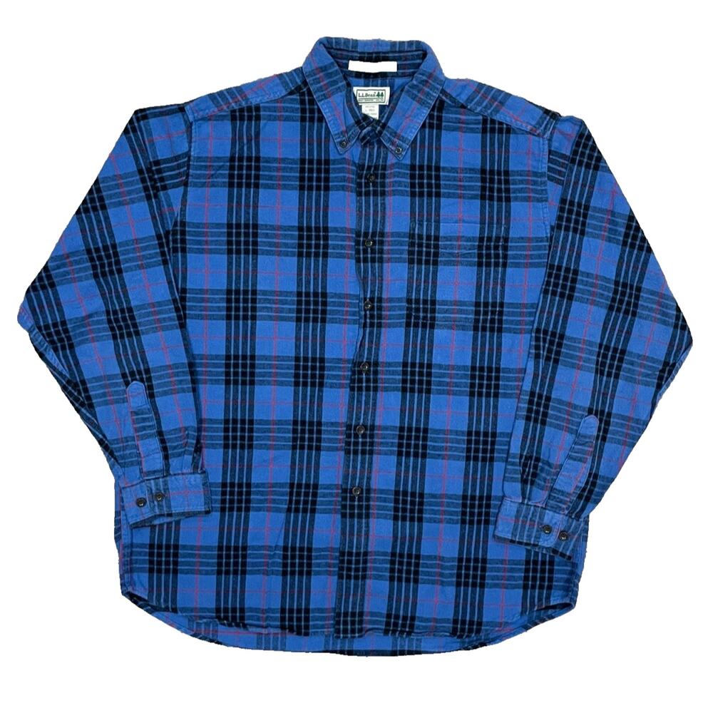 LL Bean Flannel Shirt Plaid Men’s Size L Tartan Blue Button Up Traditional Fit